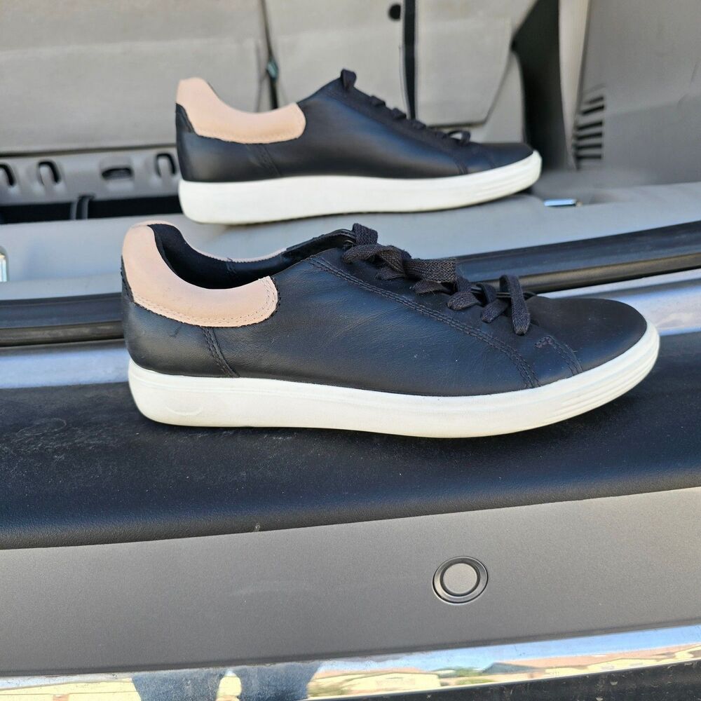 ECCO Soft 7 Women's Leather Sneakers Black Beige Comfort Lace Up Low Top 8- 8.5